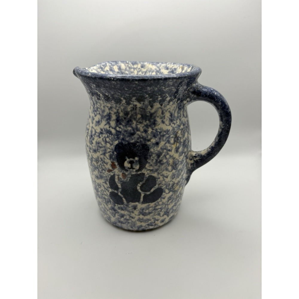 Vintage blue-and-white spongeware ceramic pitcher With Teddy Bear